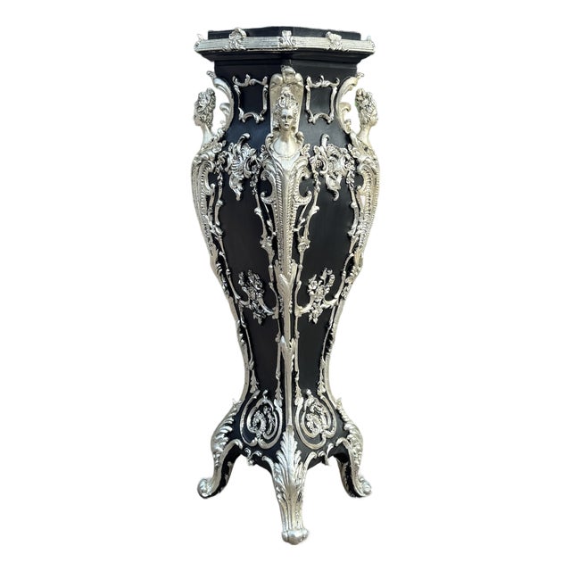 1980 Italian Baroque Black Silver Pedestal For Sale