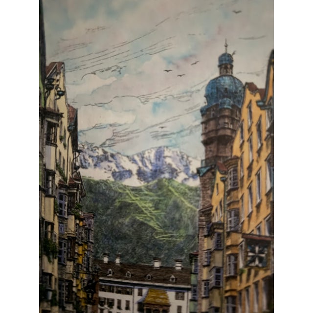 Beautiful colored etching of the historic heart of Innsbruck, Austria drawn and colored by famous Austrian artist Josef...