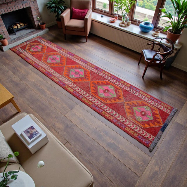 1960s 1960s Turkish Runner Rug. Hand-Knotted Tribal Red, Pink Color Hallway Rug, Kitchen Decor - 2′10" × 12′1" For Sale - Image 5 of 16