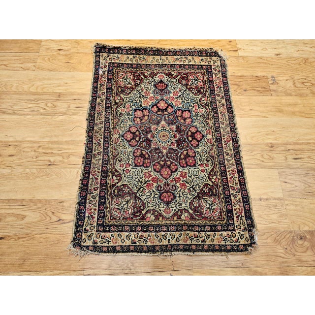 Textile 19th Century Persian Kerman Lavar Rug, Hand-Knotted Wool, Floral Pattern, Ivory & Burgundy, 2x3 For Sale - Image 7 of 9