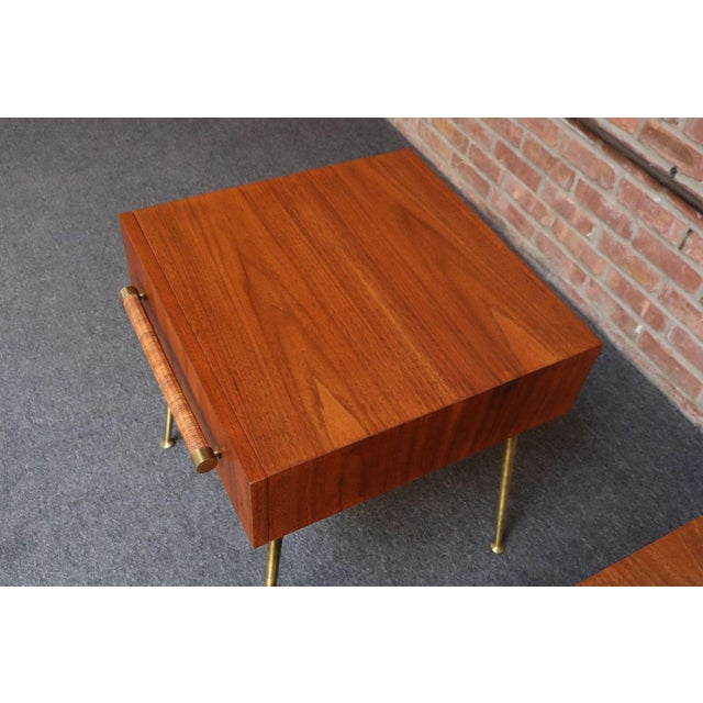 Pair of Walnut and Brass Single Drawer Nightstands by t.h. Robsjohn-Gibbings For Sale - Image 9 of 18