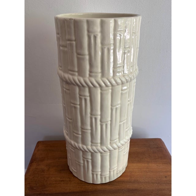 Hollywood Regency 1980s Coastal Regency Ceramic Glazed Faux Bamboo Umbrella Stand For Sale - Image 3 of 8