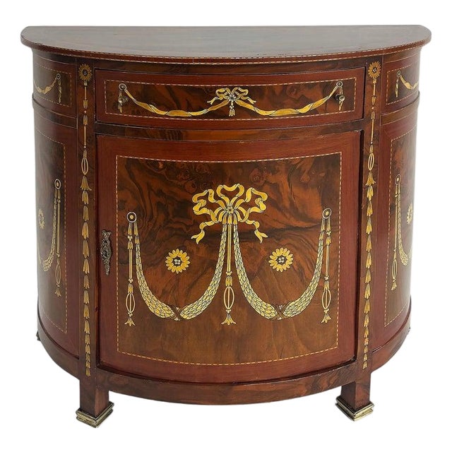 Late 20th Century Demi-Lune Console Cabinet With Inlays and Embellished With Painted Decorations For Sale