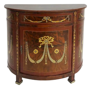 Late 20th Century Demi-Lune Console Cabinet With Inlays and Embellished With Painted Decorations