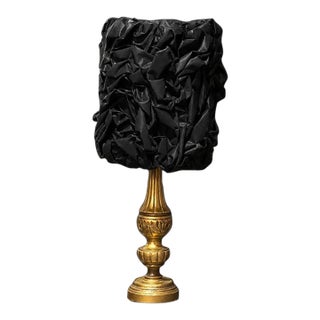 Late 19th Century Ornate Gold Table Lamp With Black Textured Statement Shade For Sale