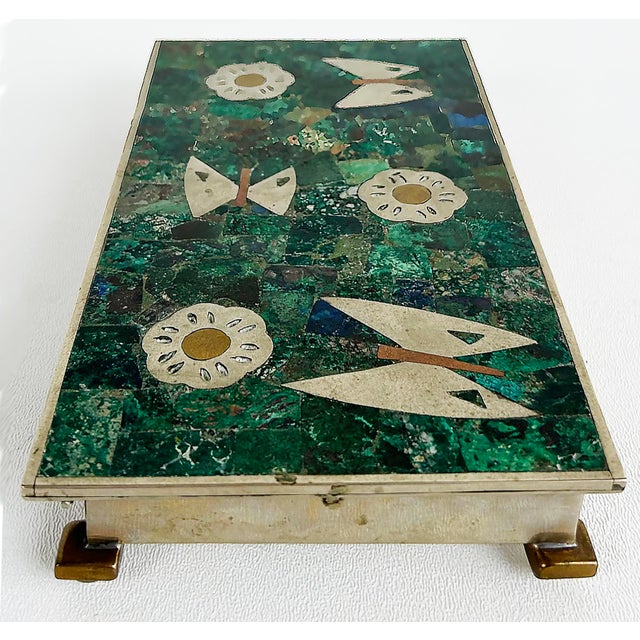 1950s 1950s Mexican Mid-Century Mixed Metals, Stone "Butterfly" Lined Box For Sale - Image 5 of 10