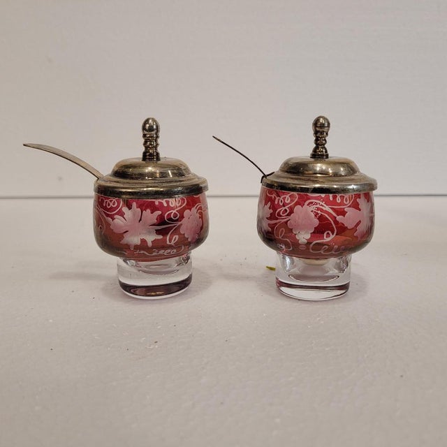 Bohemian Oil, Vinegar, Salt, and Pepper Set in Crystal and Silver-Plated Metal from Convoy, Czech Republic, 1940s For Sale - Image 13 of 18