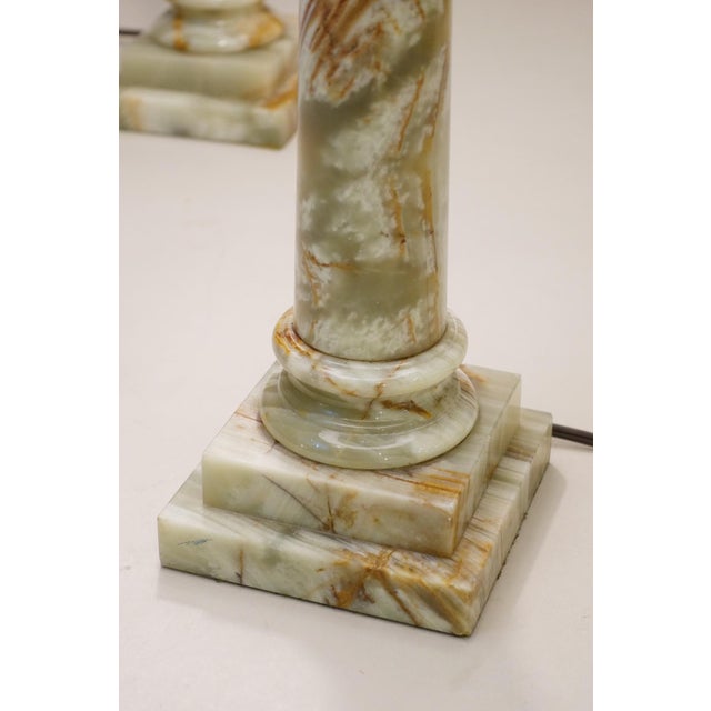 Pair Neo Classic Hollywood Regency Modern Green & Rust Onyx Marble Tuscan Style Column Table Lamps - a Pair For Sale In Los Angeles - Image 6 of 10