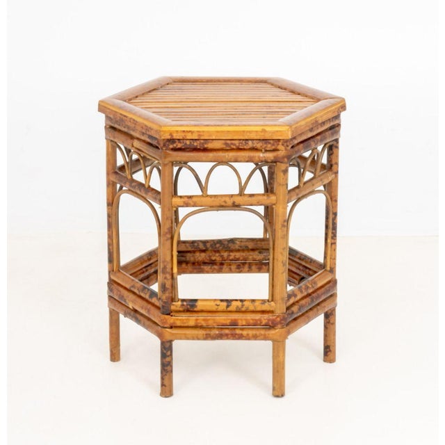 Modern Hexagonal Bent Bamboo Side Table. 18.5" H x 16.5" W x 14.5" D. Provenance: From a Westchester County Estate.