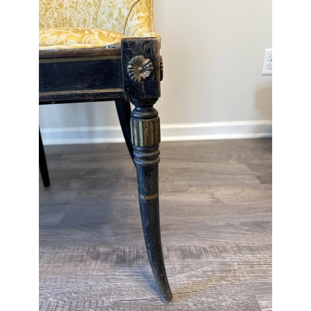 1980s Neoclassical Sabre Leg Side Chairs Upholstered in Yellow Fortuny Style Fabric - Set of 2 For Sale - Image 10 of 10