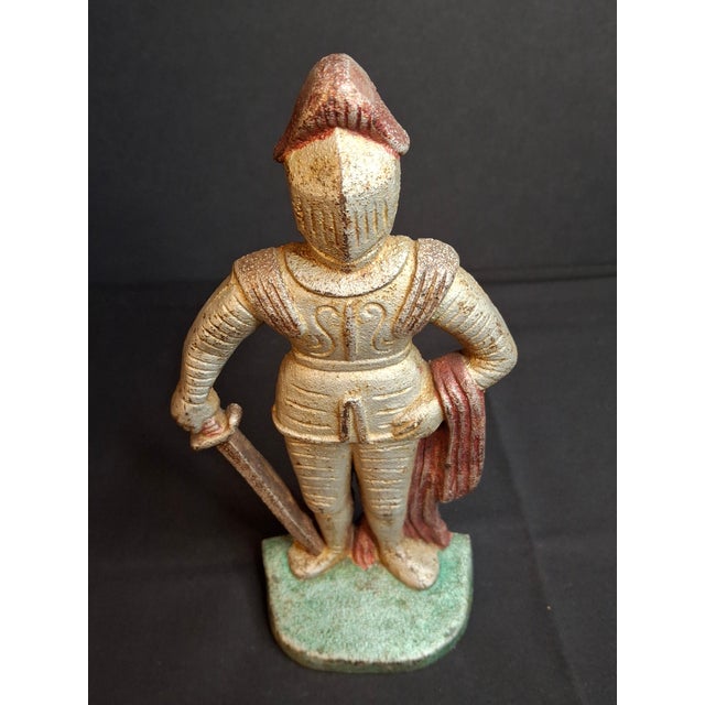 1920s Antique Cast Iron Knight in Armor Doorstop Gold Red Paint 9" Figural Sentry For Sale - Image 5 of 14