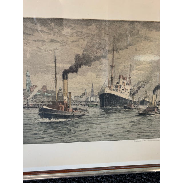 Nautical Pair of Friedrich Traulsen (1887–1971) Nautical Etchings Steamboats Tugboats and Sail Boats For Sale - Image 3 of 6