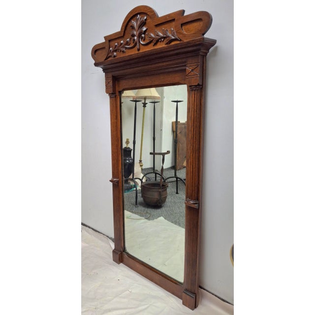 Victorian 19th Century Eastlake Carved Oak Wall Mirror For Sale - Image 3 of 11