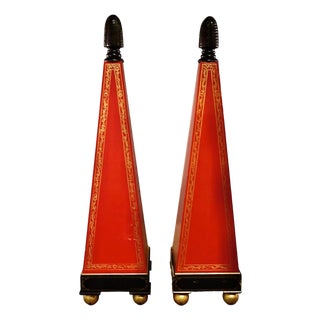 Pair 67" Painted Wood Hollywood Regency Obelisks With Gilt Detailing, C. 1960s For Sale