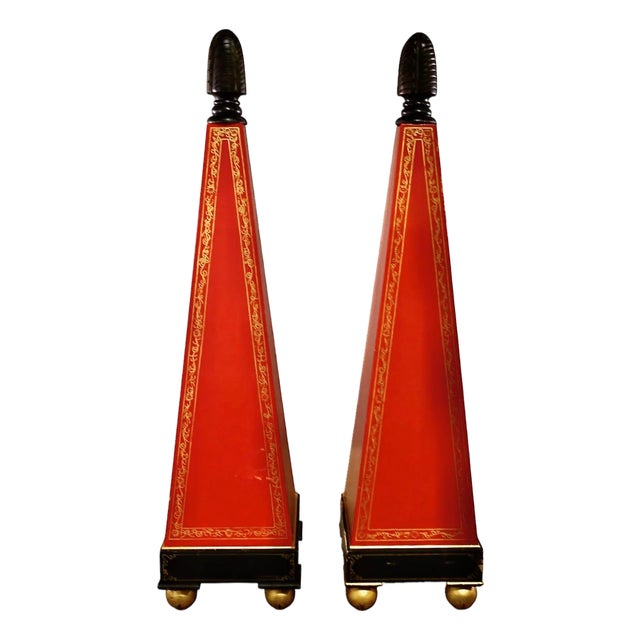 Pair 67" Painted Wood Hollywood Regency Obelisks With Gilt Detailing, C. 1960s For Sale