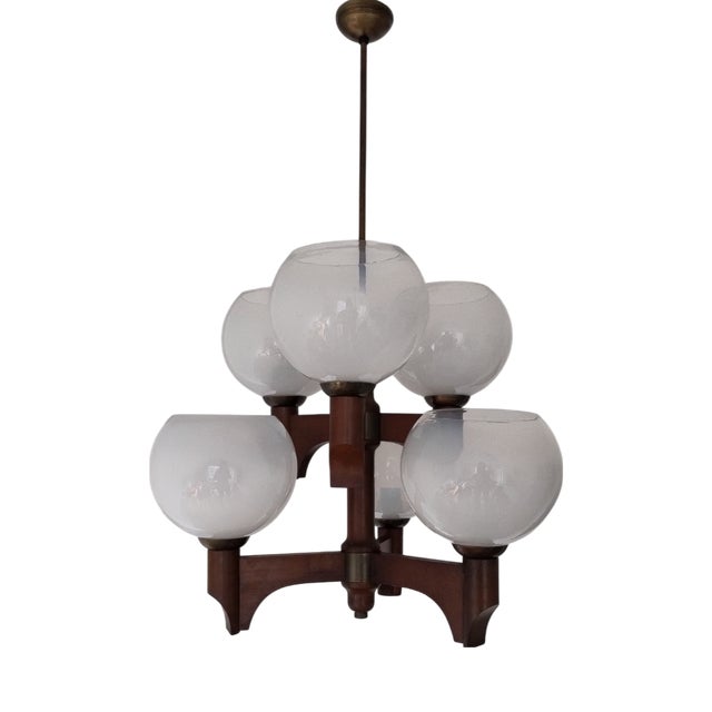 Mid-Century Modern Wood Glass Chandelier from Sijaj Hrastnik, Slovenia, 1970s For Sale