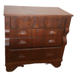 1840s Hardwood Chest of Drawers. American Empire Period. S-Shaped Scroll Pillars. Handcarved Fruit and Leaf Wooden Pulls. For Sale