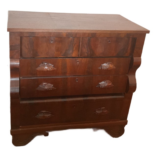 1840s Hardwood Chest of Drawers. American Empire Period. S-Shaped Scroll Pillars. Handcarved Fruit and Leaf Wooden Pulls. For Sale