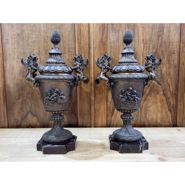 Napoleon III Covered Vases in Spelter with Marble Bases, Set of 2 For Sale - Image 13 of 13