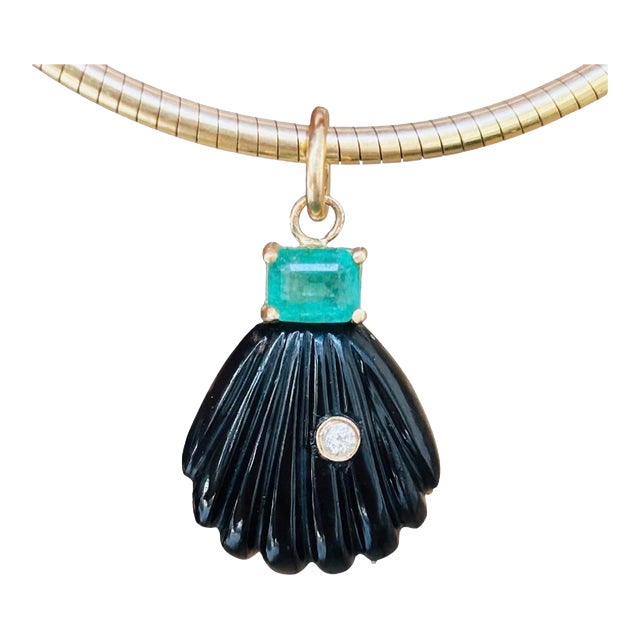 Black Onyx Shell Pendant With Emerald, Diamond & 14k Gold For Sale