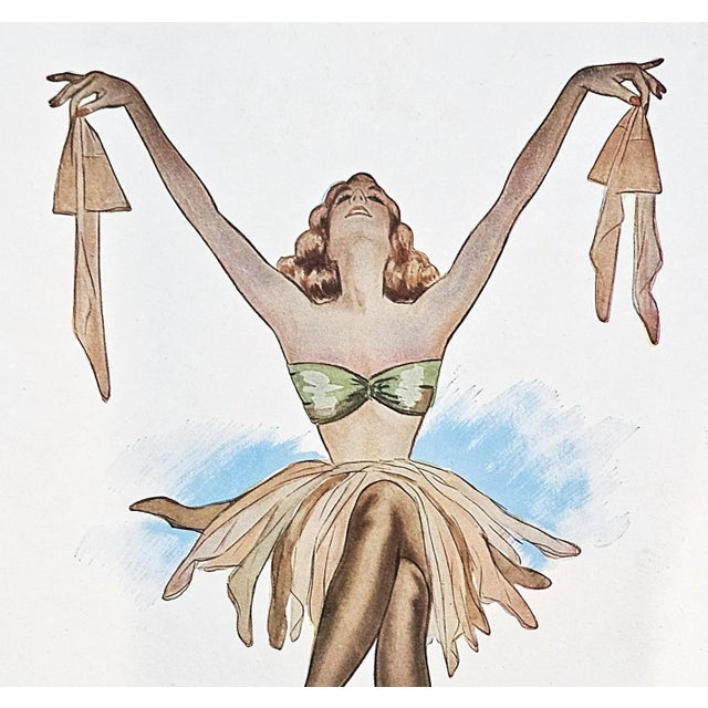 This is a 1948 vintage Mid-Century French lingerie advertisement print for hosiery that originally appeared in a French...