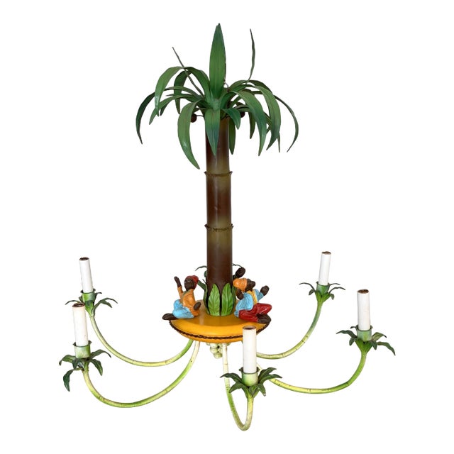 Vintage Regency Italian Palm Tree Monkey Tole Chandelier For Sale