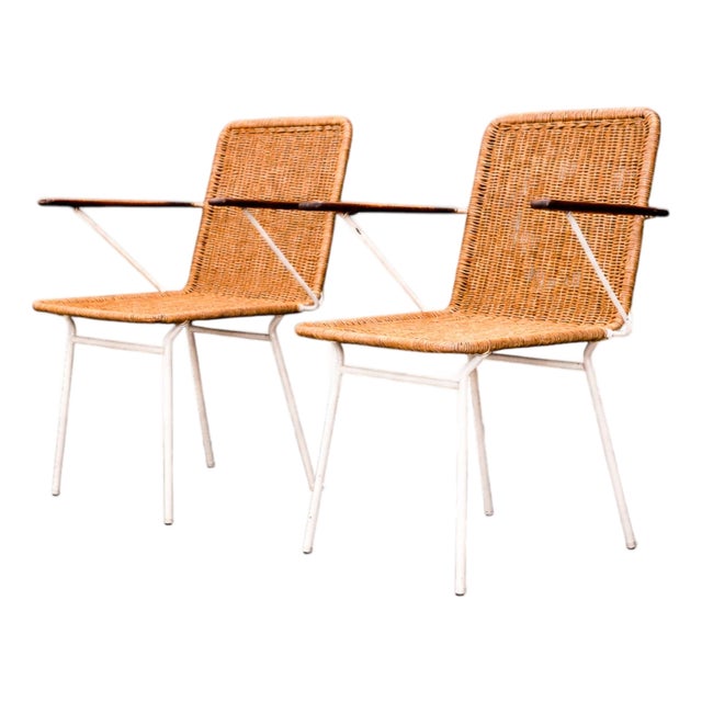 Brazilian Modern Pair of Armchairs in Cane & Iron, Carlo Hauner, 1950s For Sale