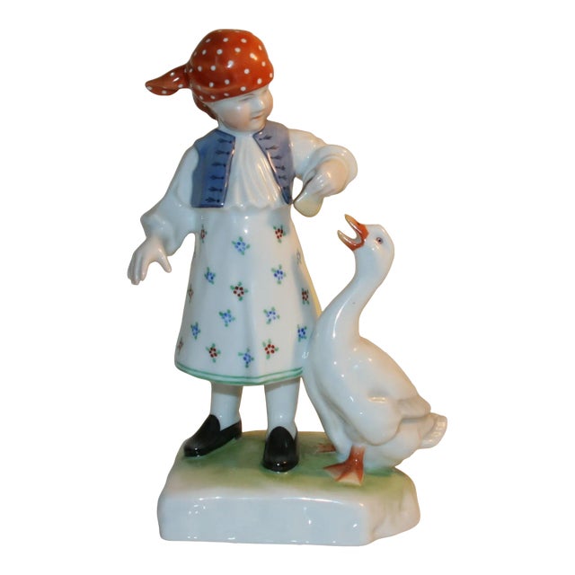 Vintage 1930s Herend Porcelain Figurine 5565 Girl Feeding a Goose Hand-Painted For Sale