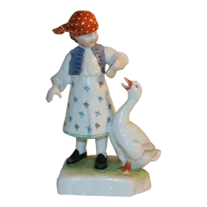 Vintage 1930s Herend Porcelain Figurine 5565 Girl Feeding a Goose Hand-Painted