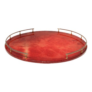 Large Italian Modernist Round Tray in Brass and Dyed Red Goatskin by Aldo Tura For Sale