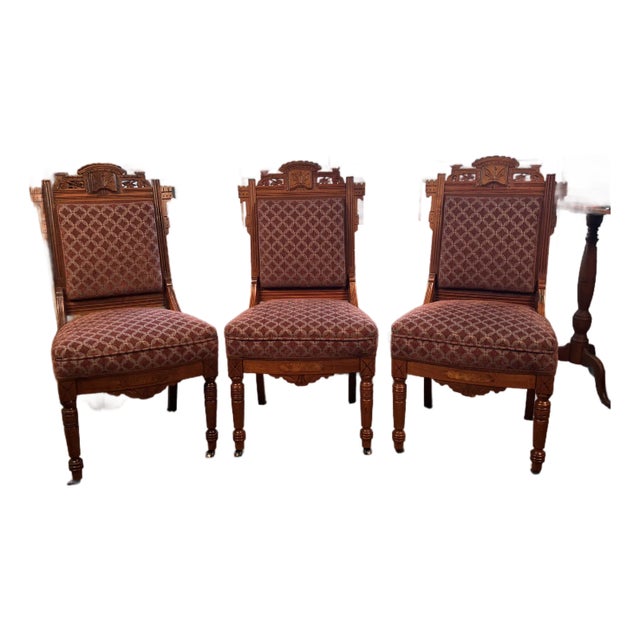 Set of Three 19th Century Eastlake Aesthetic Movement Walnut Parlor Chairs, Newly Upholstered For Sale