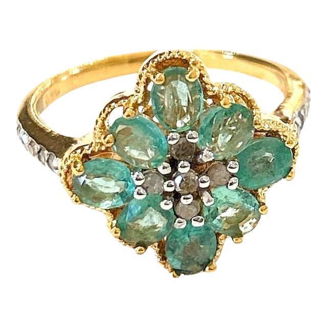 Bochic “Orient” Diamond & Emerald Vintage Cluster Ring Set in 18k & Silver Size 9.5 For Sale