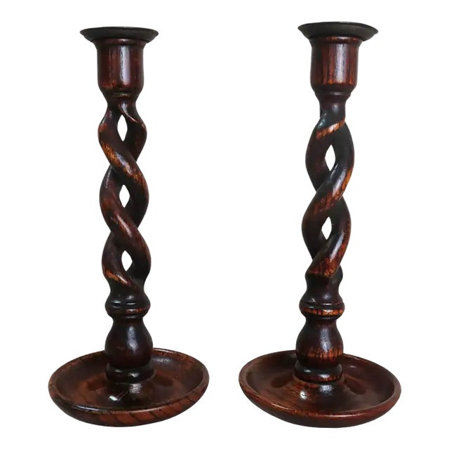 Large Antique English Oak Barley Twist Candlesticks, 1920, Set of 2 For Sale