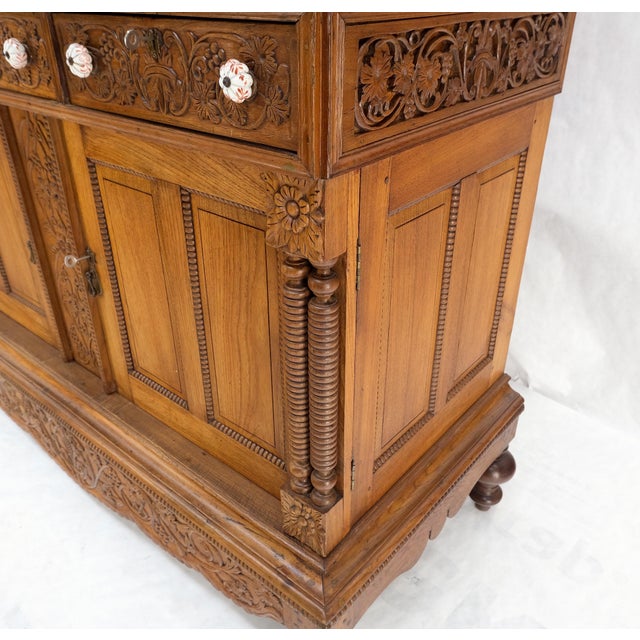 Traditional Solid Carved Teak Antique Two Part Cupboard Cabinet with Unique Feature For Sale - Image 3 of 11