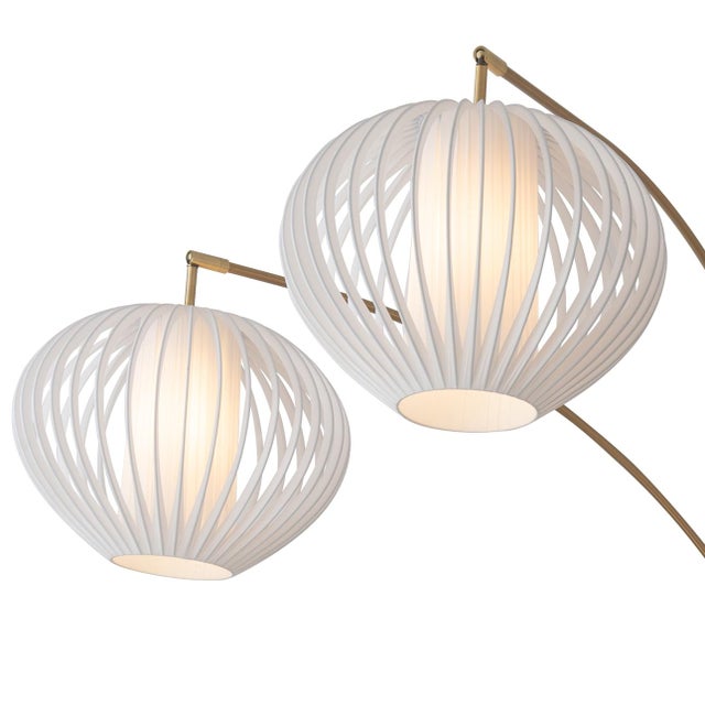 1990s Bloom 3-Light Arc Floor Lamp - Weathered Brass, White Marble Base, White Satin Shade, Dimmer Switch For Sale In Los Angeles - Image 6 of 9