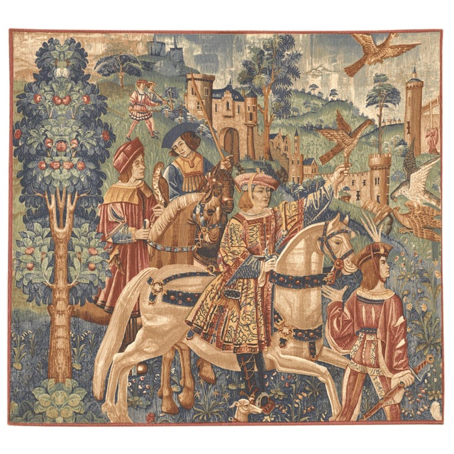 This scene depicts three mounted noblemen, accompanied by an escort, departing from the castle on a falconing expedition....