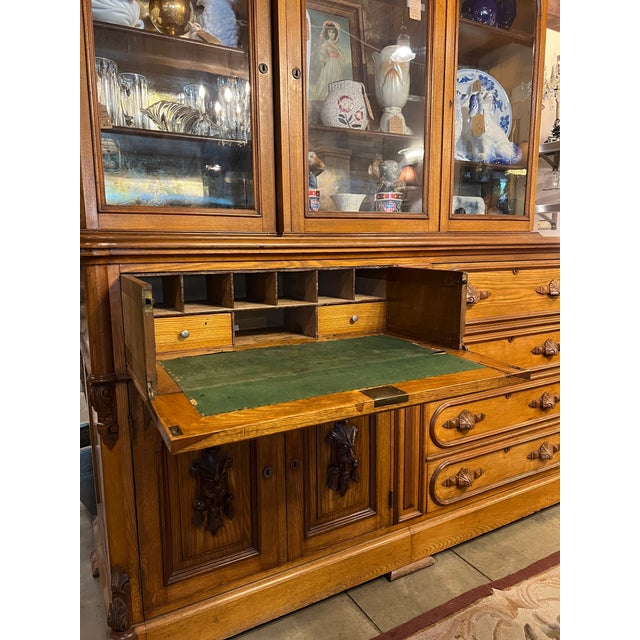 Jacobean 1920s American Jacobean Revival Oak Secretary China Cabinet Hutch With Hidden Prohibition Compartmen For Sale - Image 3 of 11