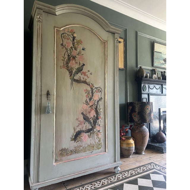 Antique Painted Pine Armoire with Chinoiserie Panel, 1890s For Sale - Image 3 of 14