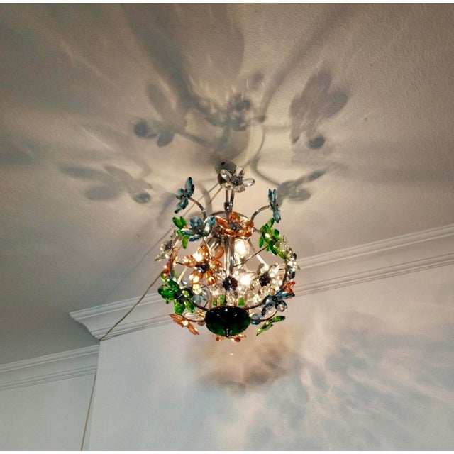 Bright Green 1960s Italian Style Hand-Painted Crystal Flower Globe Chandelier, 3-Light For Sale - Image 8 of 9