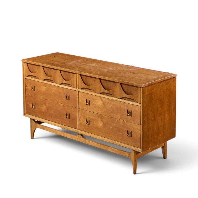 Brown Broyhill Brasilia Mid Century Walnut and Brass 6 Drawer Dresser For Sale - Image 8 of 9