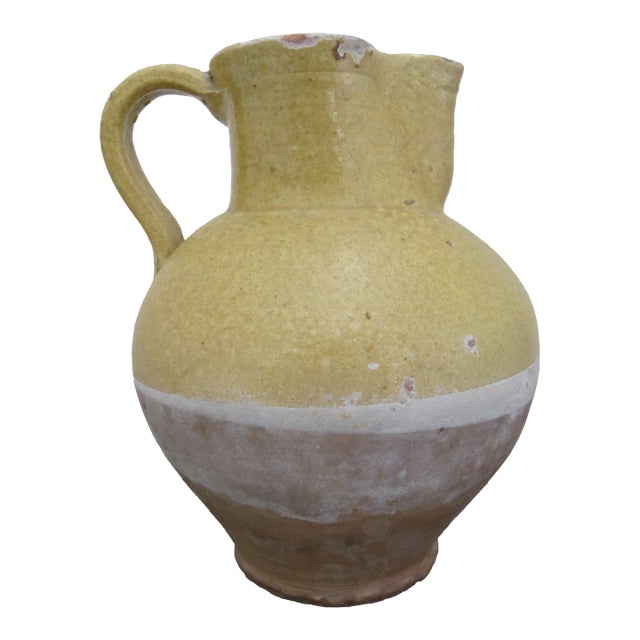Antique 19thc French Glazed Yellow Confit Pottery Cruche Jug Pitcher 9 1/2" For Sale