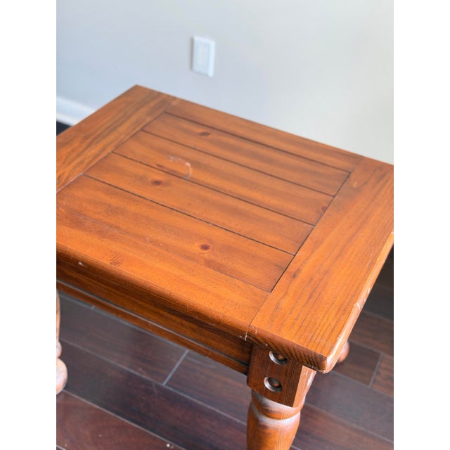 Vintage Rustic Solid Pine Square End Table — Turned Baluster Leg Farmhouse Spanish Colonial Side Table For Sale - Image 9 of 12