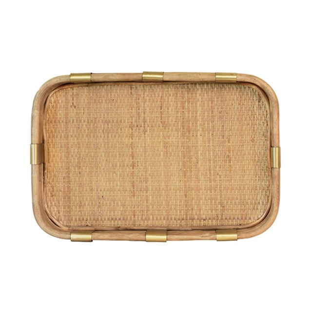 Wood Matthew Izzo Home Barley Rectangular Rattan and Brass Detail Serving Tray For Sale - Image 7 of 8