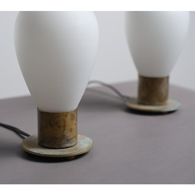Metal Italian Brass and Opaline Glass Bedside Table Lamps, 1950s, Set of 2 For Sale - Image 7 of 14