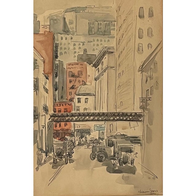 Chaim Gross, Rare Chaim Gross Watercolor Painting Manhattan Skyscrapers Train NYC WPA Artist, c.1920s For Sale