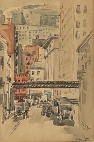 Chaim Gross, Rare Chaim Gross Watercolor Painting Manhattan Skyscrapers Train NYC WPA Artist, c.1920s
