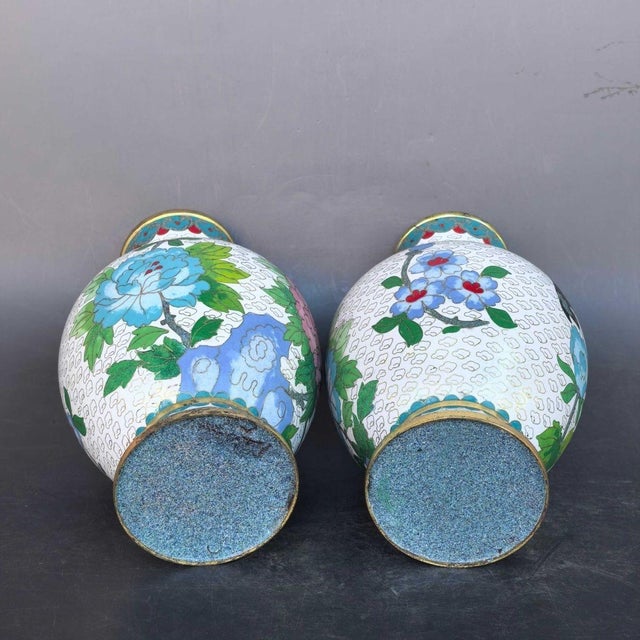 Pair of Vintage Cloisonné Enamel Peony Vases With Bird Motif For Sale - Image 4 of 9