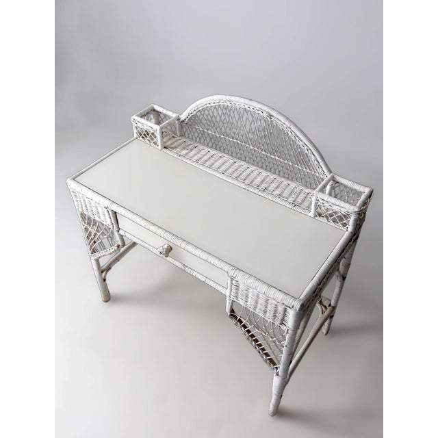 Shabby Chic Vintage American White Wicker Desk With Drawer For Sale - Image 3 of 18