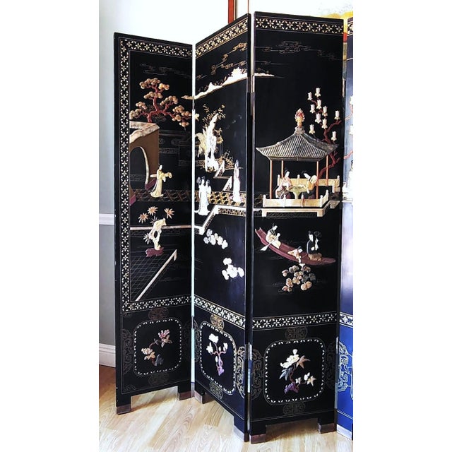 Mid 20th Century Chinese Export Six Panel Carved Soapstone Coromandel Screen For Sale - Image 4 of 16