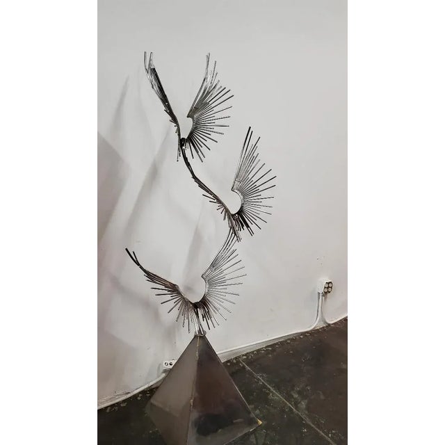 Curtis Jere Curtis Jere "Birds at Flight" Chrome Metal Sculpture With Trapezoidal Base For Sale - Image 4 of 12